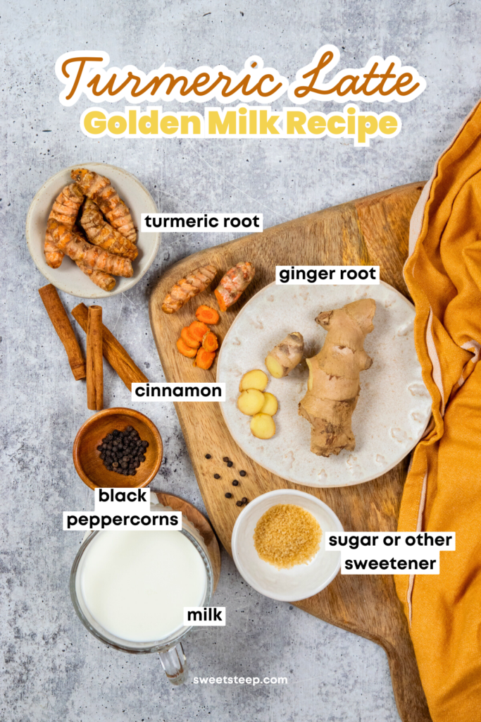 An overhead photo showing all the ingredients needed to make a homemade turmeric latte, including  turmeric root, ginger root, cinnamon sticks, black peppercorns, milk and raw sugar.