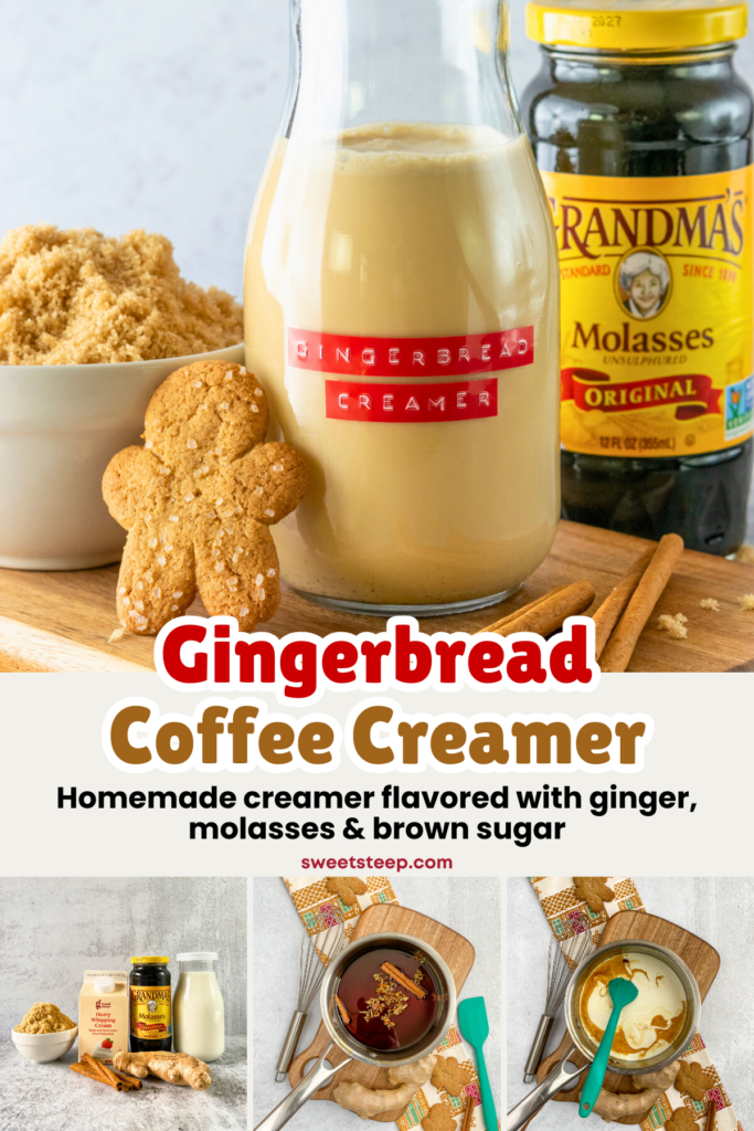 A three-photo image showing a bottle of homemade gingerbread creamer next to a gingerbread cookie and jar of molasses; the ingredients, and the creamer in a saucepan with gingerbread syrup. The image has text overlay that reads, "Gingerbread Coffee Creamer. Homemade creamer flavored with ginger, molasses and brown sugar."