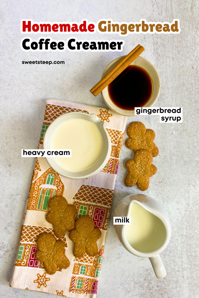 Overhead picture of the ingredients needed for this recipe, including bowl of homemade gingerbread syrup, cream and milk.