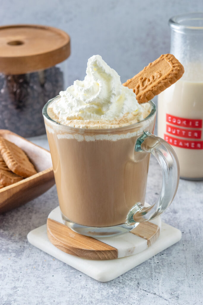 A cookie butter latte topped with whipped cream with a Biscoff cookie sticking in it. There is a bottle of homemade cookie butter creamer behind the drink.