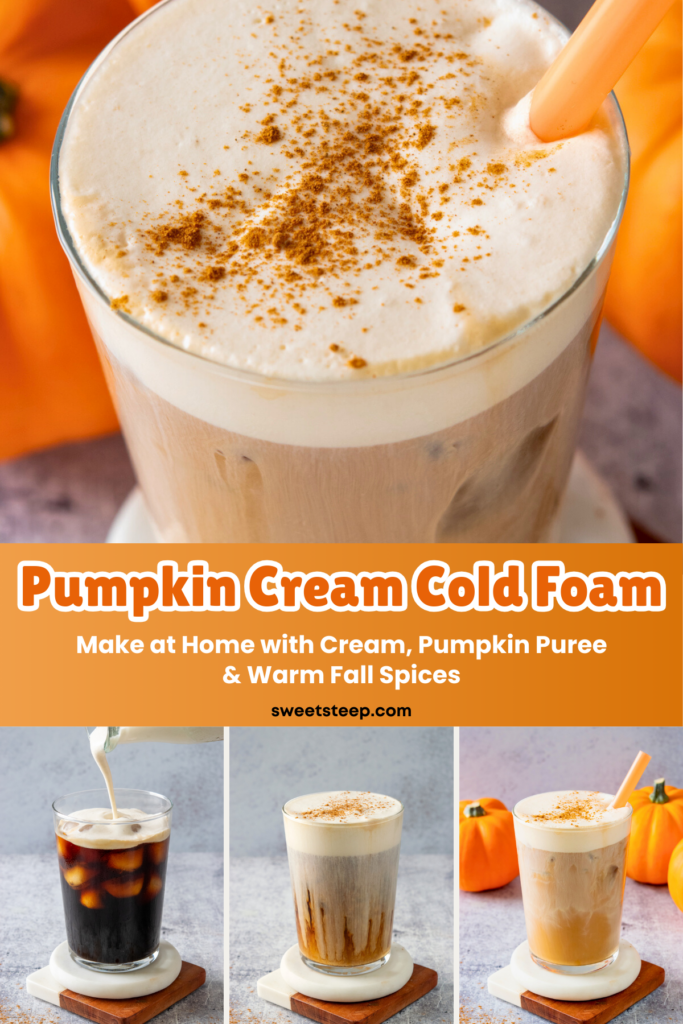 Four-photo image showing the creamy pumpkin cold foam and pumpkin spice topping on a cold brew coffee. There are also three photos showing the pumpkin cold foam being poured on top of  a drink, The image has text overlay that reads, "Pumpkin Cream Cold Foam. Make at home with cream, pumpkin puree and warm fall spices."