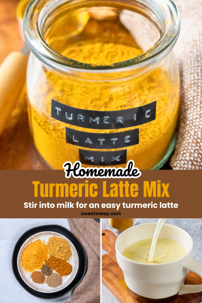 A three-photo image showing a jar of turmeric latte mix, the spices needed to make the mix, and steamed milk being poured into a turmeric latte. The image has text overlay that reads, "Homemade Turmeric Latte Mix. Stir into milk for an easy turmeric latte."
