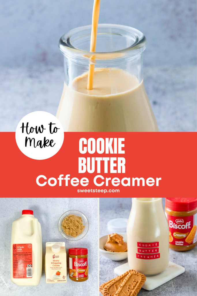 Bottle of homemade cookie butter coffee creamer recipe and photos showing the ingredients needed to make it.
