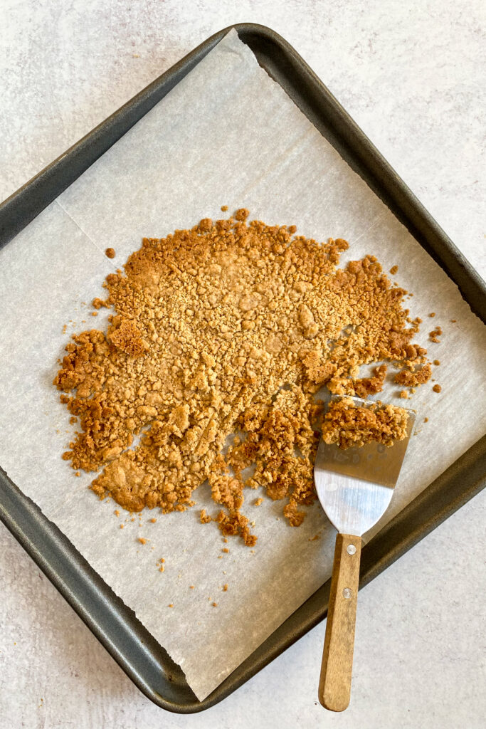The baked latte topping on a baking tray.