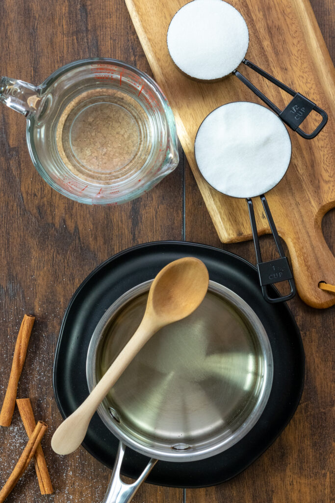 Homemade simple syrup in a saucepan.