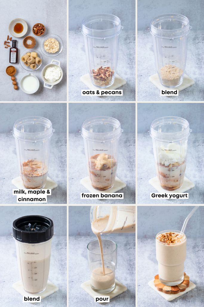 A nine-photo grid showing progressive steps of the smoothie being assembled and blended in the blender cup. The last image shows the drink poured into a cup and garnished with pecans.