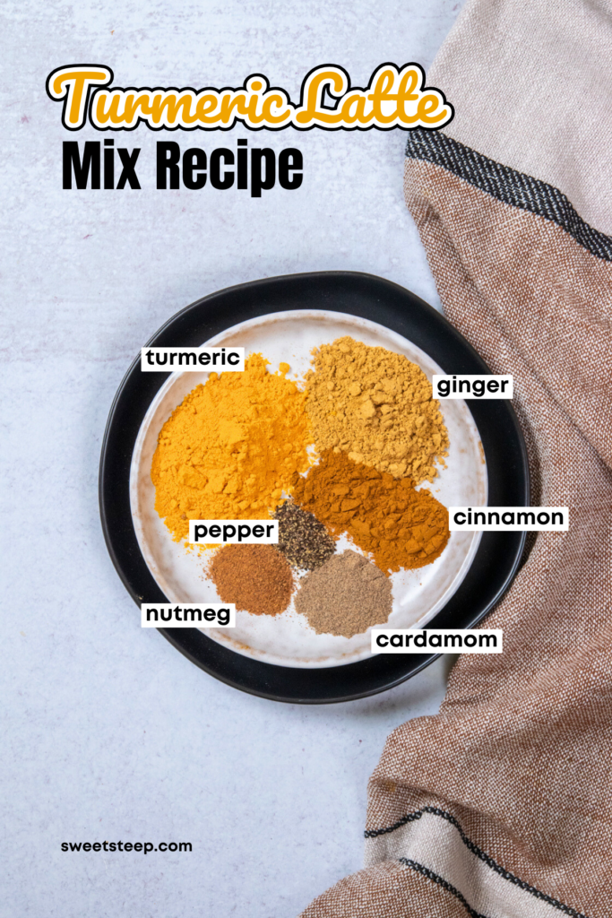 An overhead view of a plate that has piles of the six spices needed to make turmeric latte powder mix. There's ground turmeric, ginger, cinnamon, cardamom, nutmeg and black pepper.