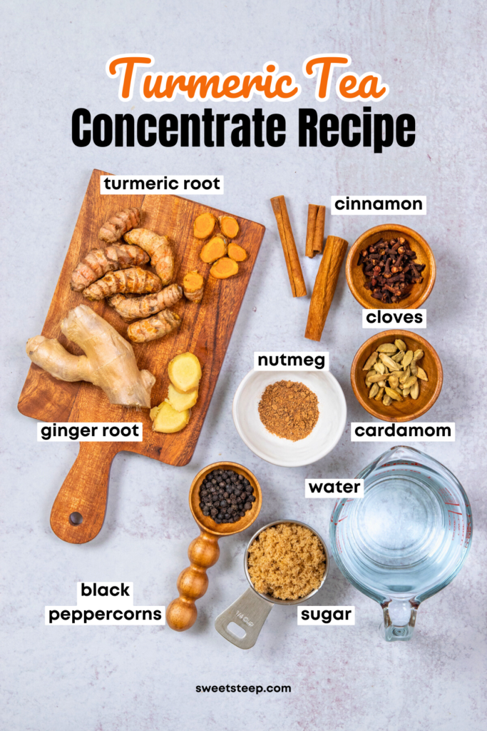 All the ingredients needed to make turmeric concentrate, including thinly sliced turmeric and ginger root, cinnamon sticks, black peppercorns, whole cloves, cardamom pods, nutmeg, sugar and water.