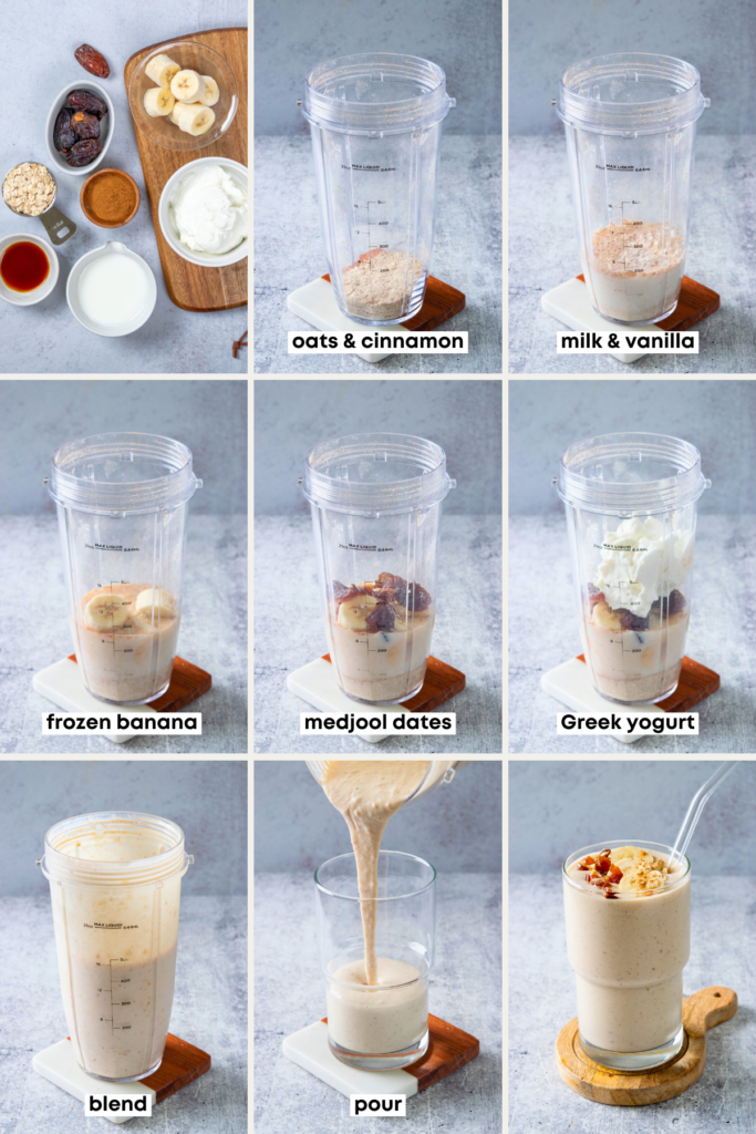 A nine-grid image showing the ingredients needed to make a banana date smoothie, the ingredients being added to the blender cup one-by-one, and the  smoothie in a cup ready to drink.
