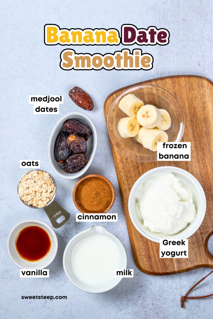 All the ingredients needed to make a banana date smoothie, including medjool dates, frozen banana, oats, cinnamon, Greek yogurt, vanilla, milk and salt.