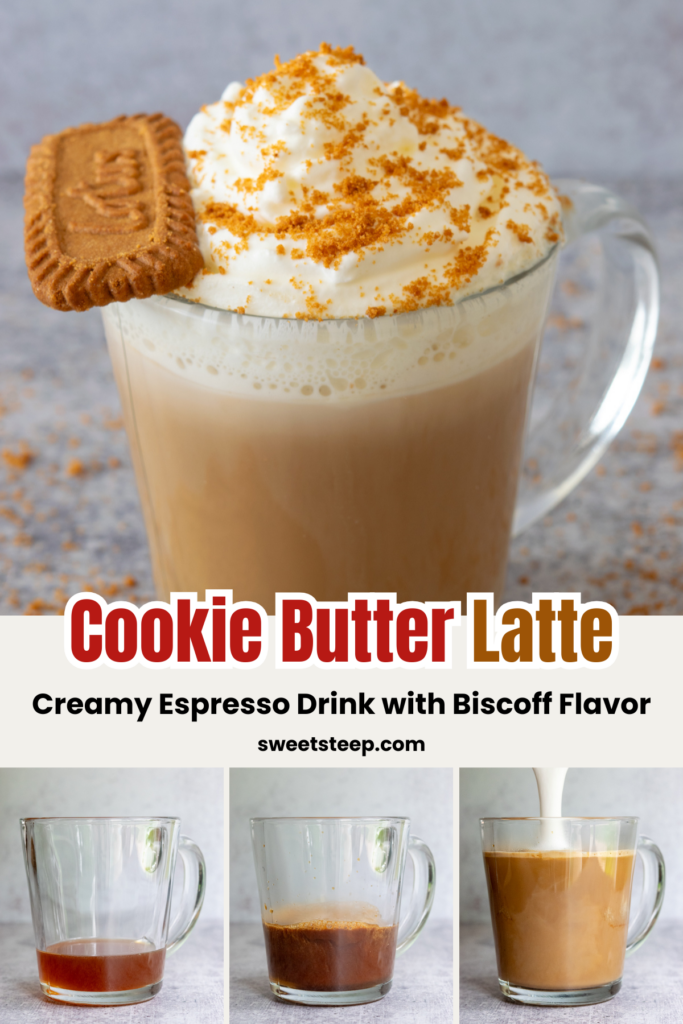 A homemade cookie butter latte topped with whipped cream and cookie butter crumbs, along with 3 images showing the lattte being made in the mug, beginning with the cookie butter syrup. The image has text overlay that reads, "Cookie Butter Latte. Creamy espresso drink with Biscoff flavor."