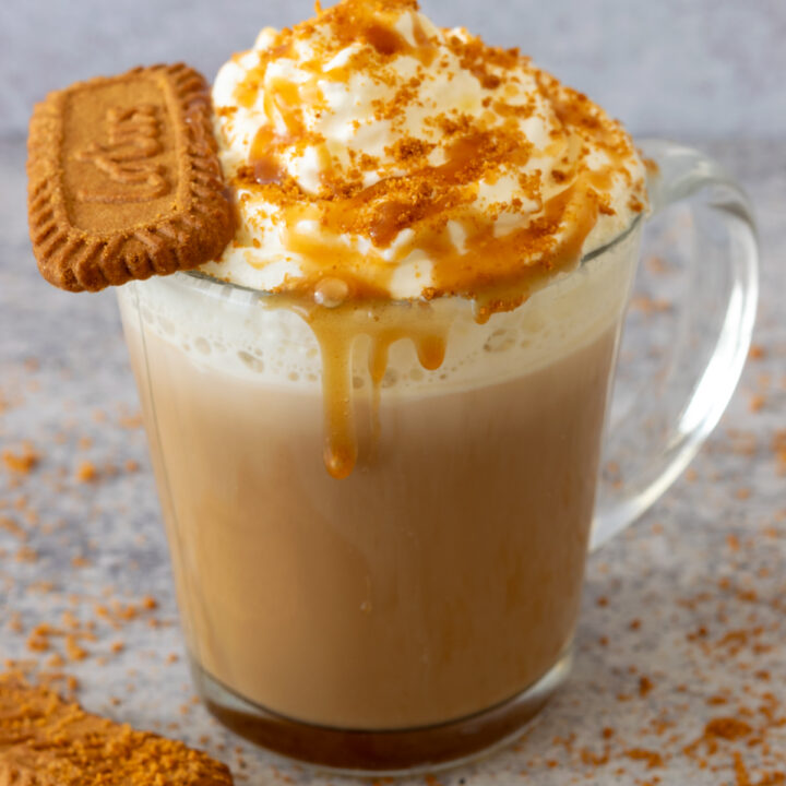 Homemade cookie butter latte with a Biscoff Lotus cookie sitting in the whipped cream which has cookie crumbs sprinkled on it along with some cookie butter sauce.