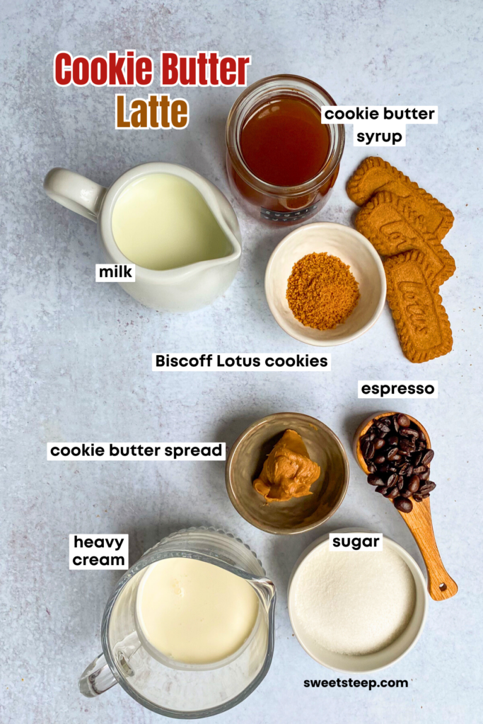 All the ingredients needed to make this cookie butter latte recipe.