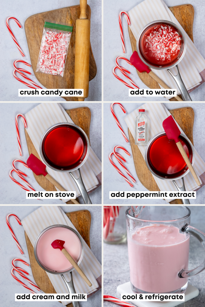 The steps to make candy cane creamer, including (1) crushing the candy canes, (2) combining crushed candy and water in a saucepan, (3) melting the candy in water to make a peppermint flavored syrup, (4) optionally adding peppermint extract for more intense flavor, (5) combining cream, milk and candy cane syrup, and (6) pouring the creamer in a bottle.