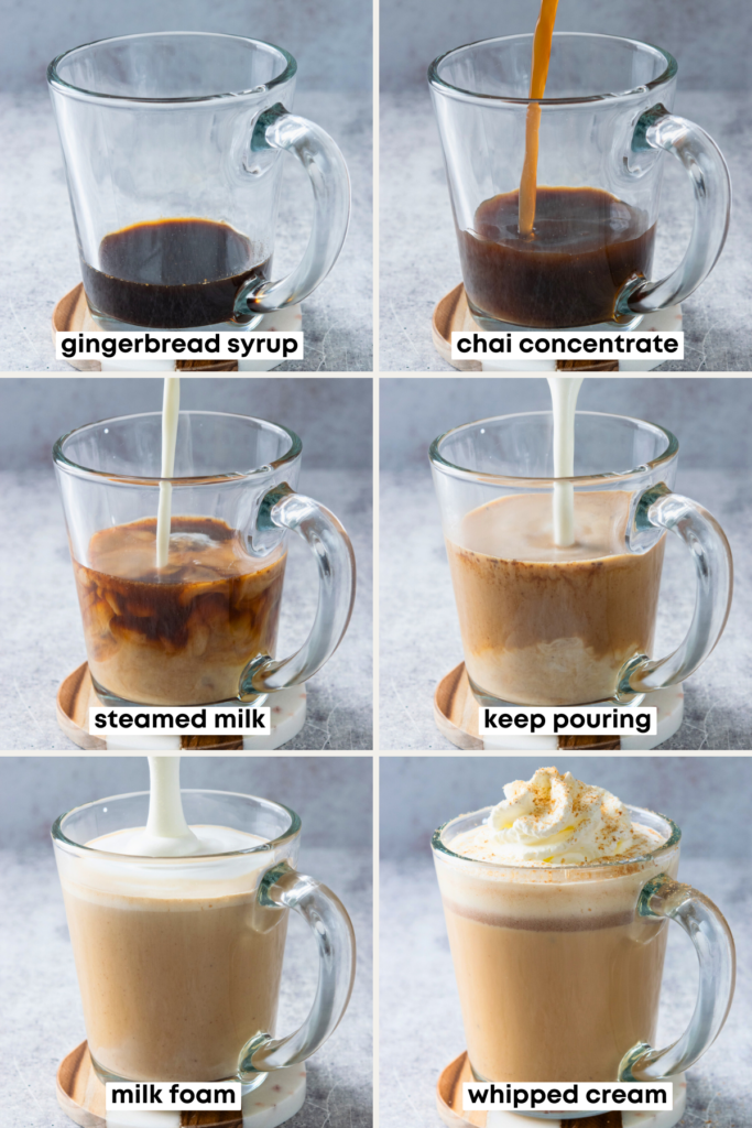 Assembling a gingerbread chai latte  by adding gingerbread syrup to a mug, then pouring in chai tea concentrate and steamed milk, and finally topping with whipped cream and garnishing with nutmeg.