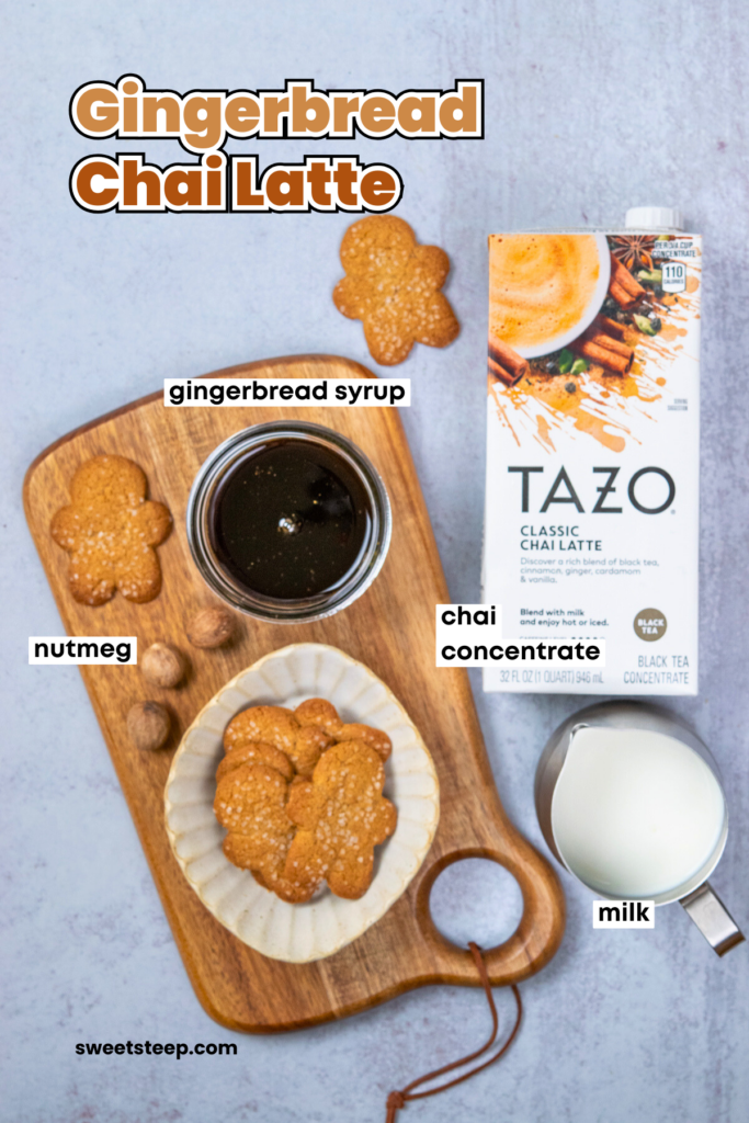 Ingredients to make a hot gingerbread chai latte, including milk, chai tea, and gingerbread syrup.