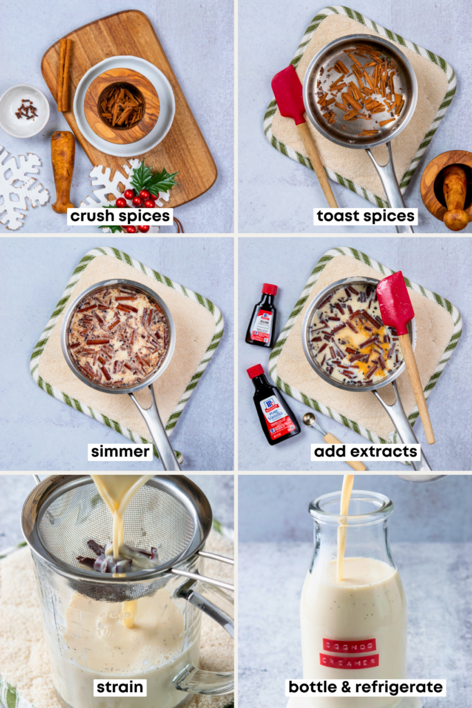 A six-grid image showing labeled steps to make eggnog coffee creamer at home. The order is: crush spices, toast spices, add remaining ingredients except extracts and simmer, add extracts and let steep, strain, pour in a bottle and refrigerate.