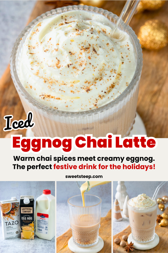 A closeup view of the top of an iced  eggnog chai tea latte. You can see the freshly grated nutmeg on top of ribbons of whipped cream, topping the chai. There are also images showing ingredients in cartons (chai, eggnog and milk), the eggnog being poured into the chai, and the finished latte in a tall glass surrounded by festive holiday and Christmas decorations.