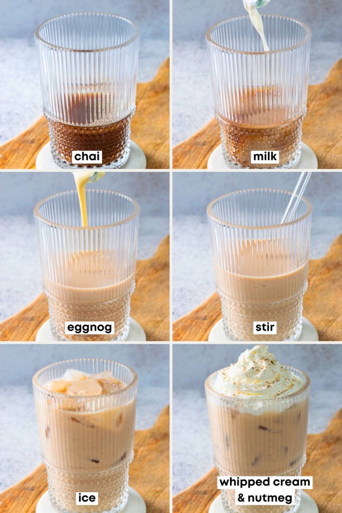A six-photo grid showing an iced eggnog chai tea latte progressively being made in a glass. The order is: chai, milk, eggnog, stir it, add ice, topped with whipped cream and nutmeg.
