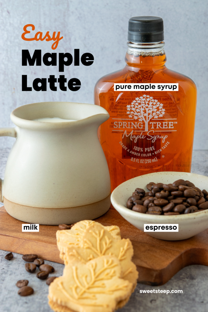 The ingredients need to make a maple latte, including a pitcher of milk, bowl of espresso beans and bottle of pure maple syrup.