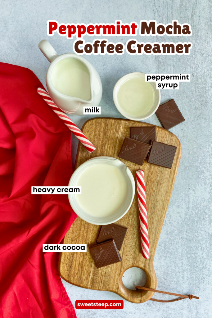 All the recipe ingredients to make homemade peppermint mocha creamer in small bowls with peppermint sticks and cocoa bar on a cutting board.