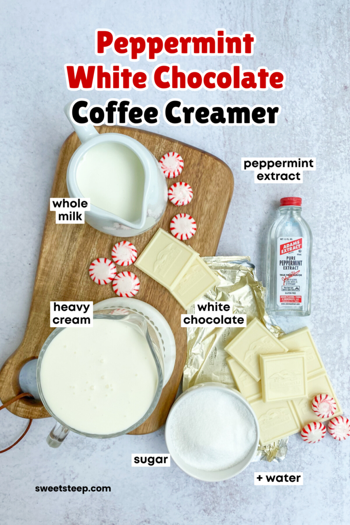Overhead picture showing pitchers with milk and heavy cream, bottle of peppermint extract, bowl of sugar, white chocolate bar squares and peppermint candies scattered around.