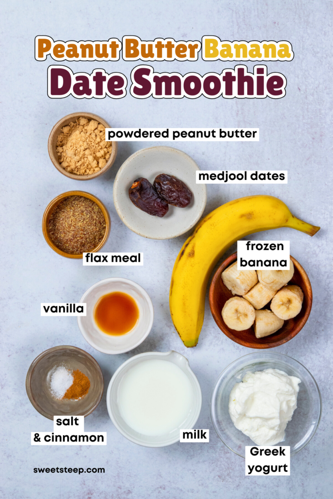 All the ingredients needed to make a peanut butter banana date smoothie, including powdered peanut butter, Medjool dates, flax meal. frozen banana, vanilla, milk, Greek yogurt, salt and cinnamon.