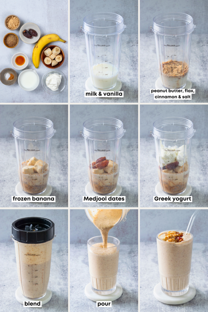 The step-by-step process of making this smoothie in a blender. The nine grids show the ingredients, each ingredient being added to the blender cup, and finally the smoothie being poured into a glass and then garnished with a straw in it.